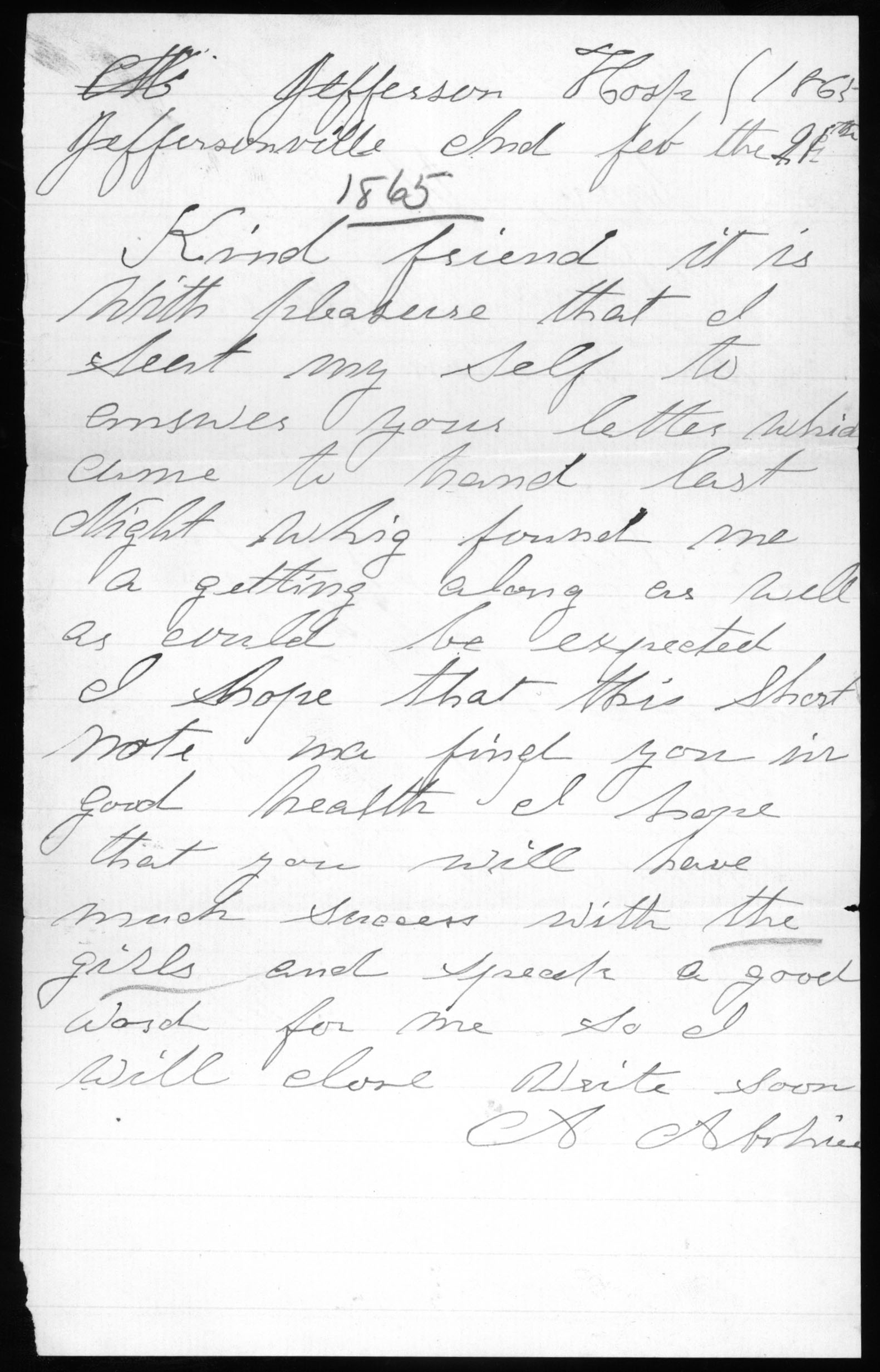 Letter, Alfred Abshier, Jeffersonville, Indiana, to Henry J. Parker