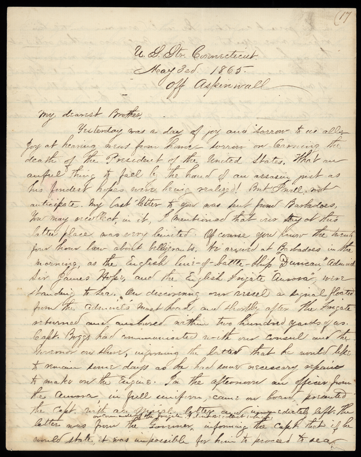 Letter, Herbert B. Tyson, Off Aspinwall [Colon], Panama, to Carroll S. Tyson