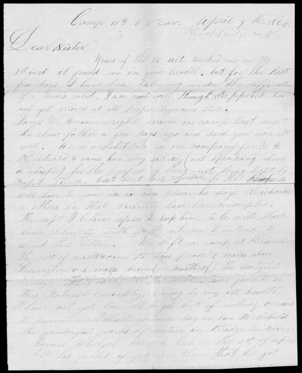 Letter, Isaac I. White, Rockbridge County, Virginia, to Ursula J. White