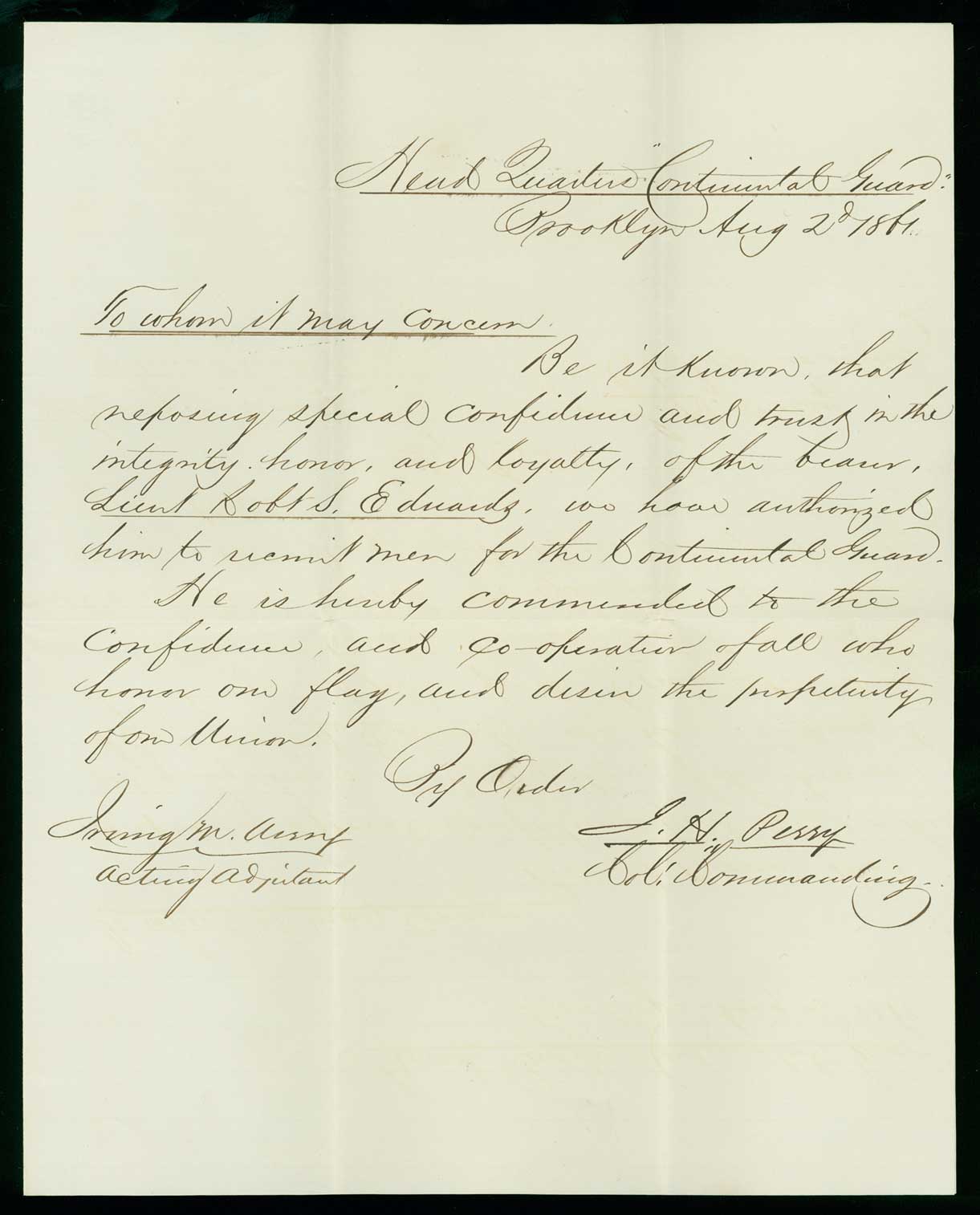 Letter, Col. James H. Perry and Lt. Irving M. Avery, Brooklyn, New York