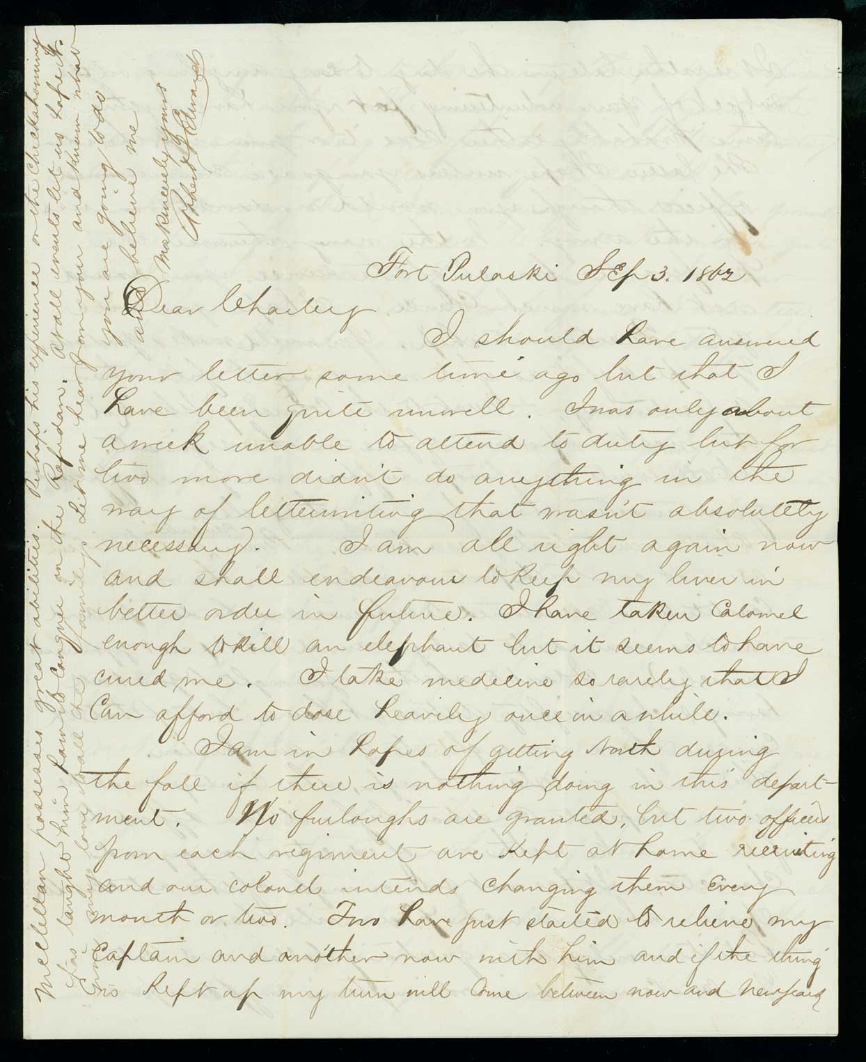 Letter, Robert Sedgwick Edwards, Fort Pulaski, Georgia, to Charley