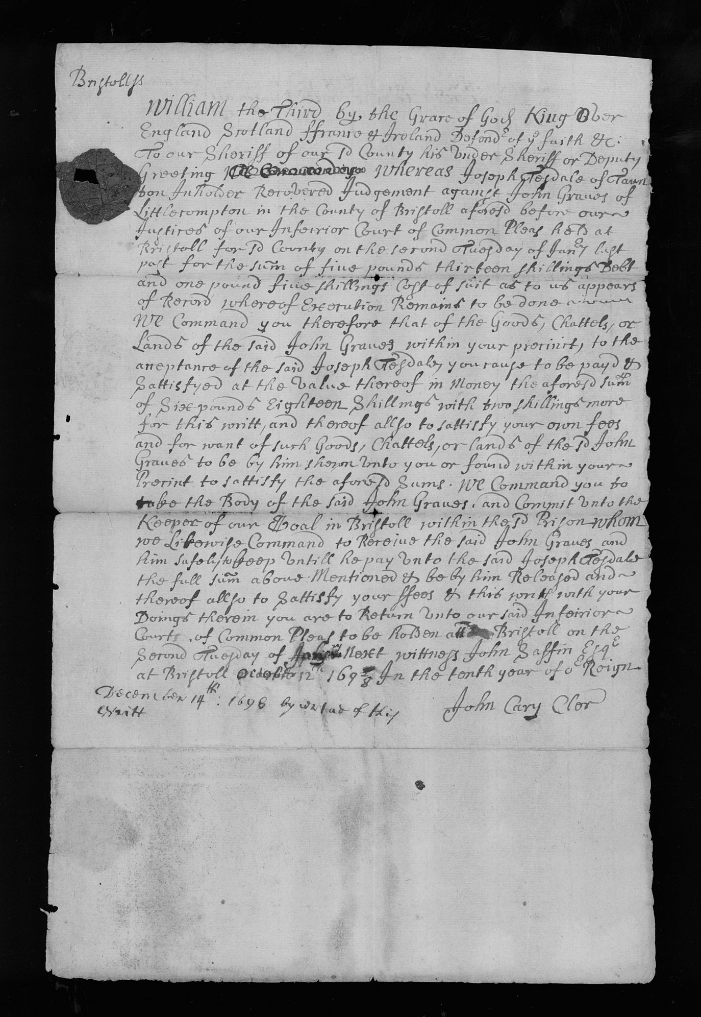 John Cary, "Writ of execution against John Graves," Recto