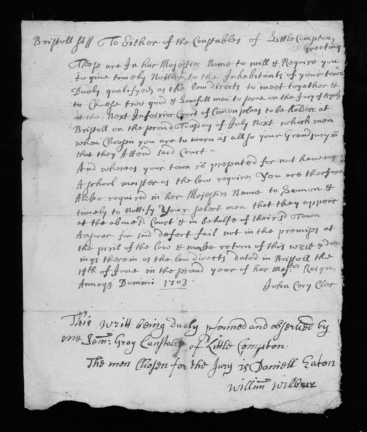 John Cary, "Little Compton jury summons and summons to the town selectmen," Recto