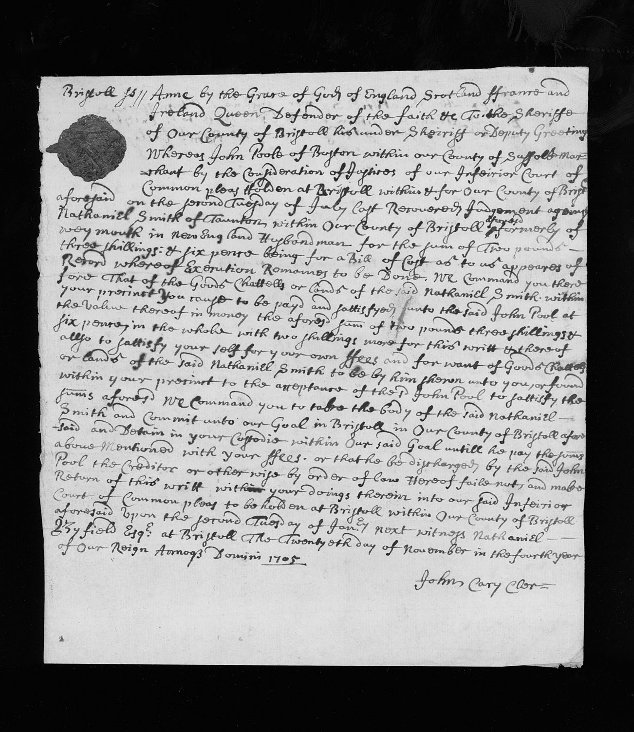 John Cary, "Writ of execution against Nathaniel Smith," Recto