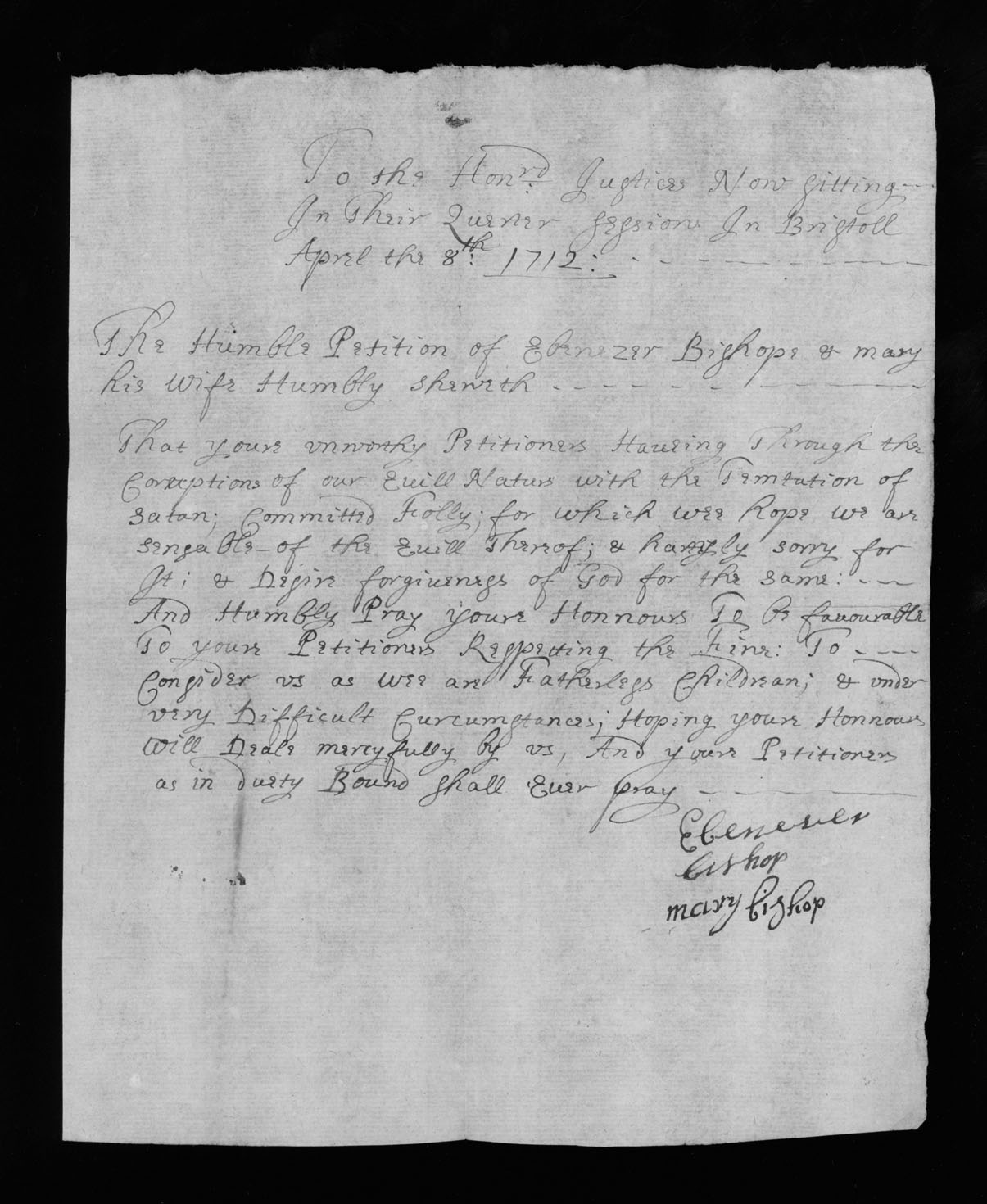 Ebenezer and Mary Bishop, &quot;Ebenezer and Mary Bishop petition,&quot; Recto