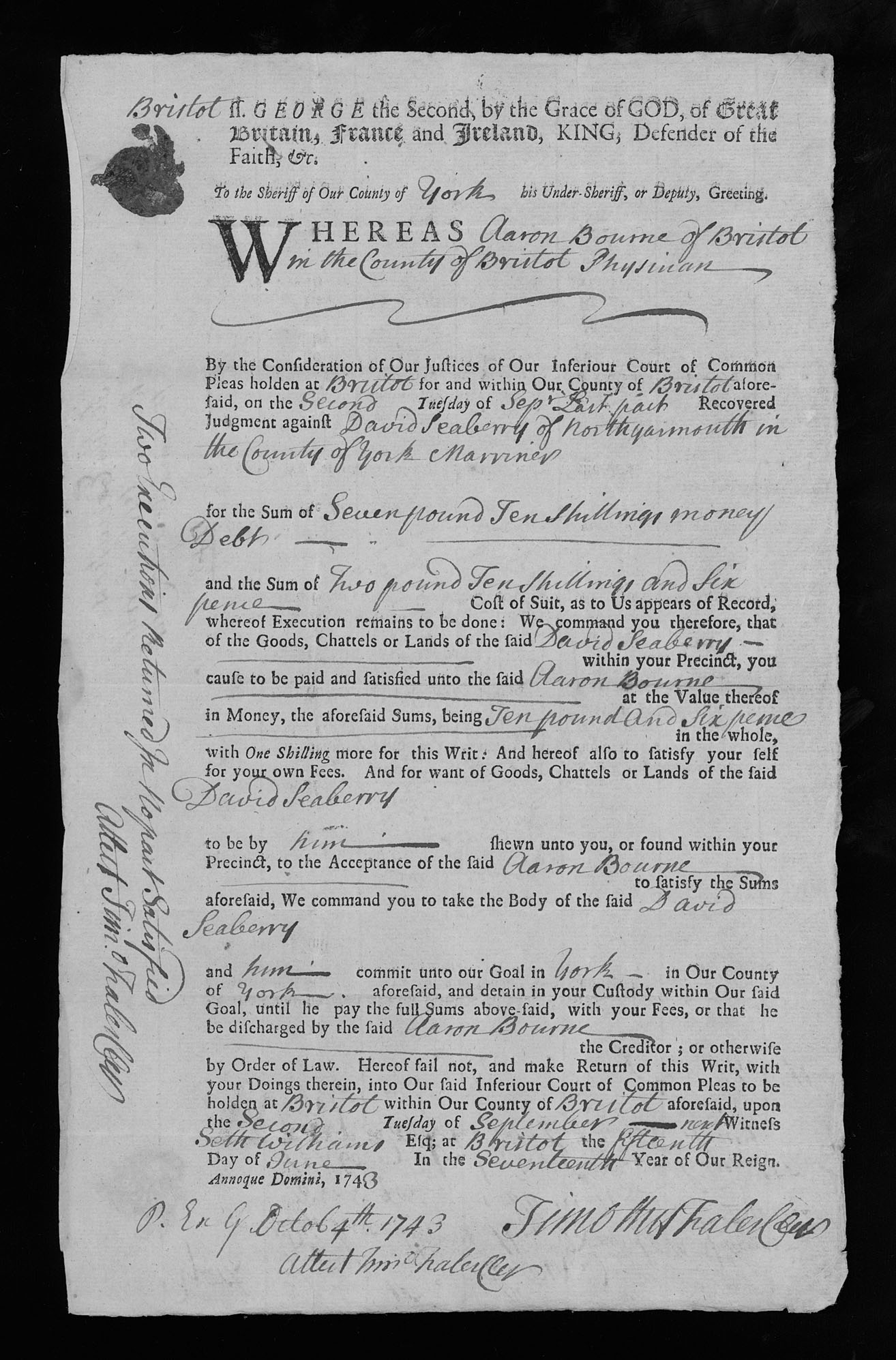 Timothy Fales, Joseph Glaistead, &quot;Write of execution against David Seaberry,&quot; Recto