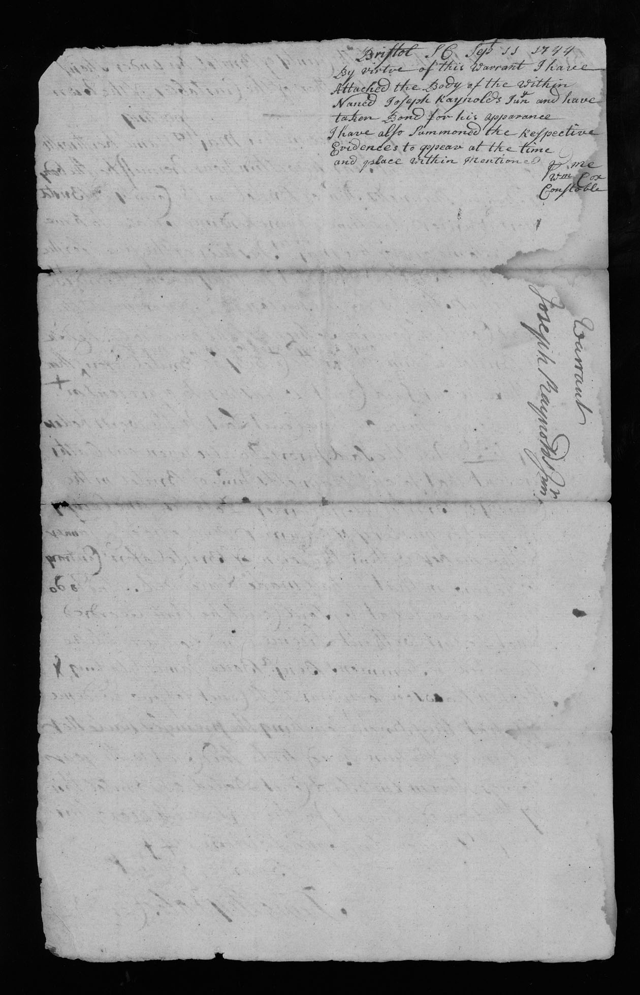 Timothy Fales, William Cox, "Warrant for the arrest of Joseph Raynolds, Jr.," Verso
