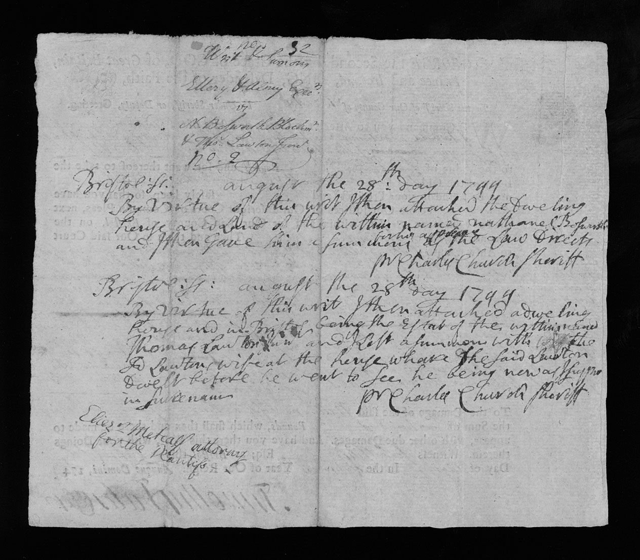 Timothy Fales, Charles Church, "Writ of attachment against Nathaniel Bosworth and Thomas Lawton," Verso