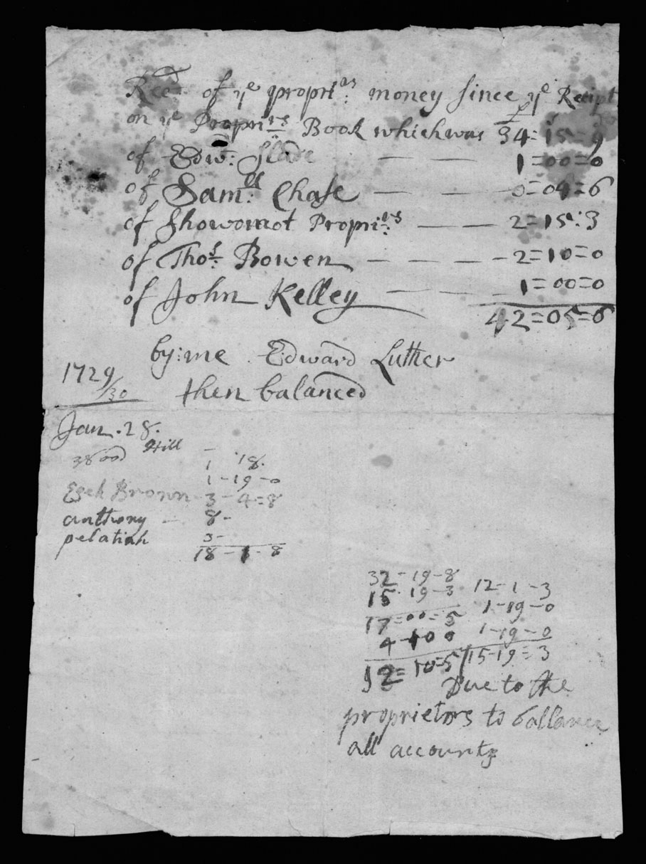 Edward Luther, Proprietors Committee Account Sheet, Recto