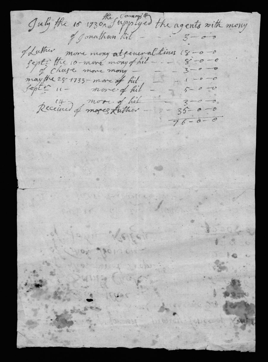 Edward Luther, Proprietors Committee Account Sheet, Verso