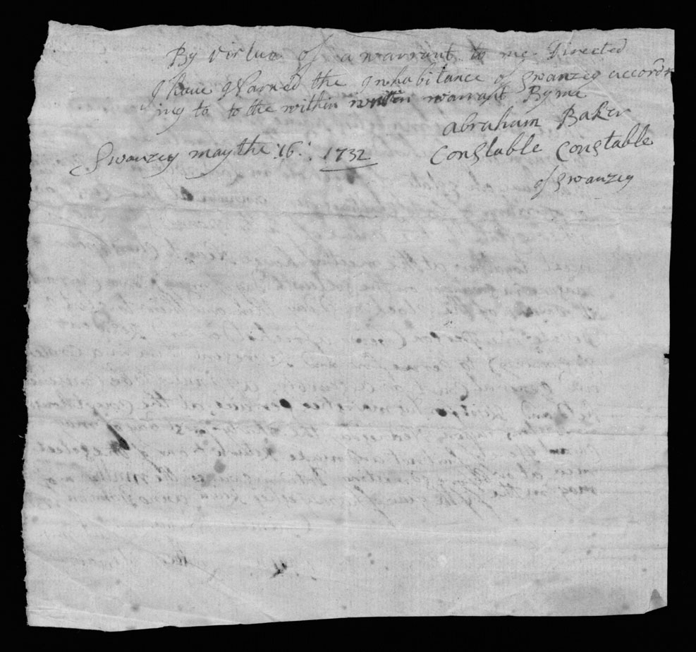 Daniel Wilbur and Hezekiah Luther, Jr., Town Meeting Warrant, Verso