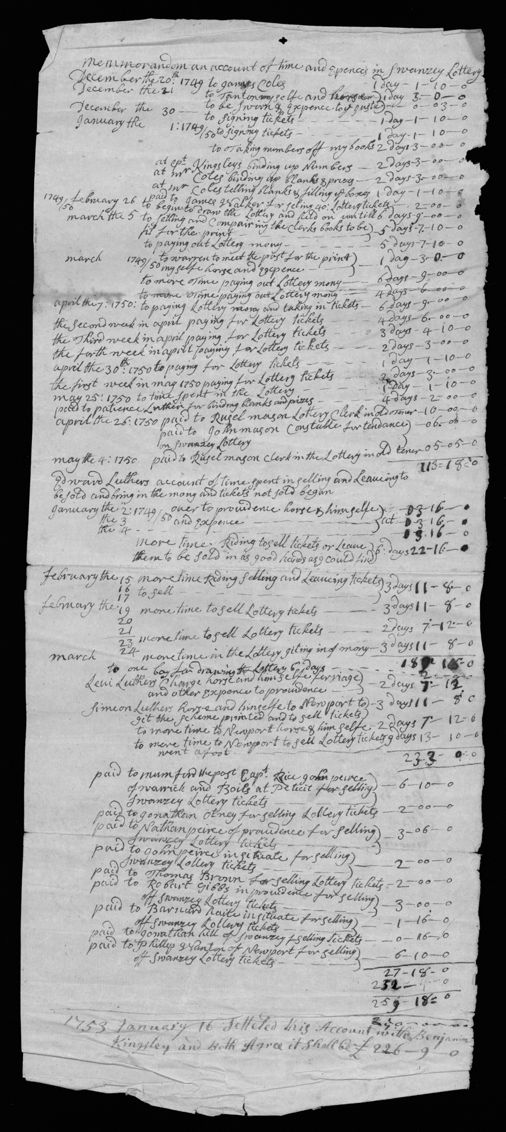 Account of Lottery Expenses, Recto