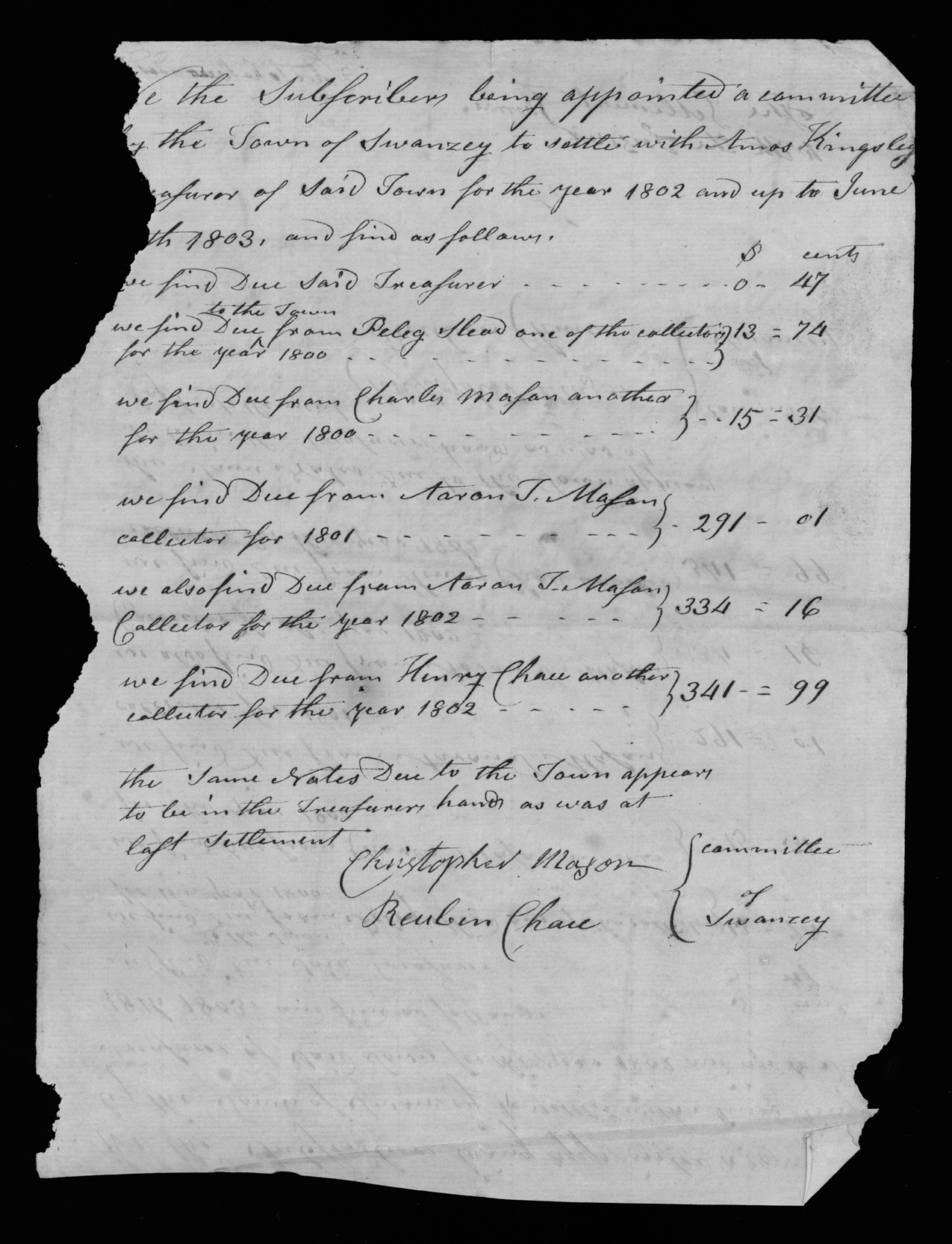 Christopher Mason, Reuben Chase, Treasury Account Settlement, Recto